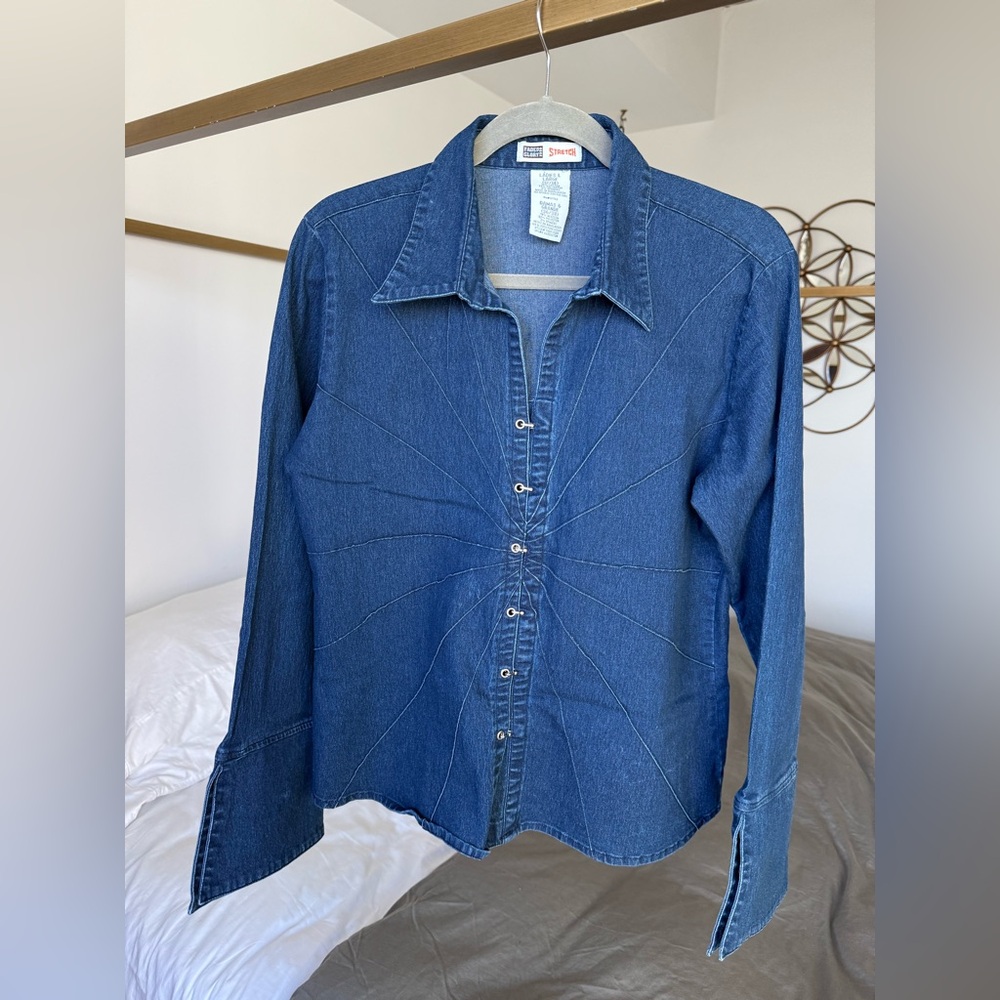 Faded Glory Blue Stretch Denim Shirt w/ Gold Hinge Closures Y2K Size L Top 2000s